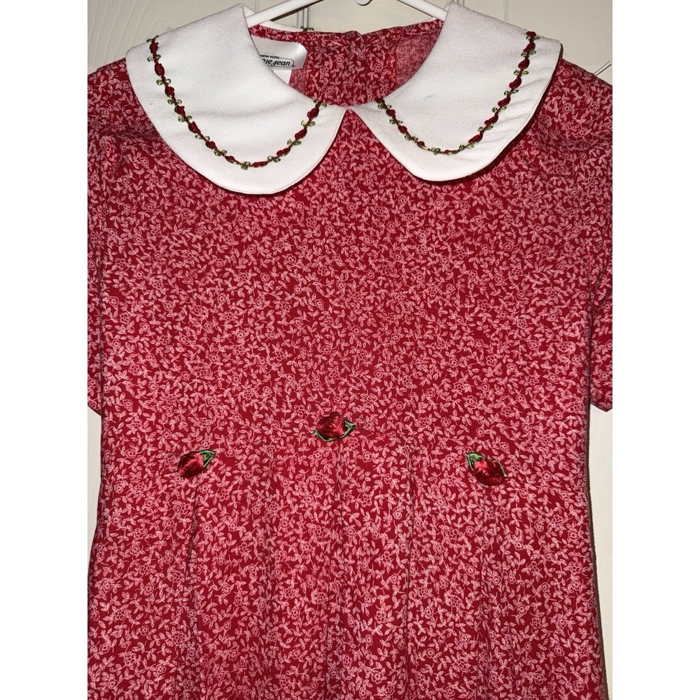 Bonnie Jean Vintage Red Pleated Prairie Dress Peter Pan Collar / Rose Details 16